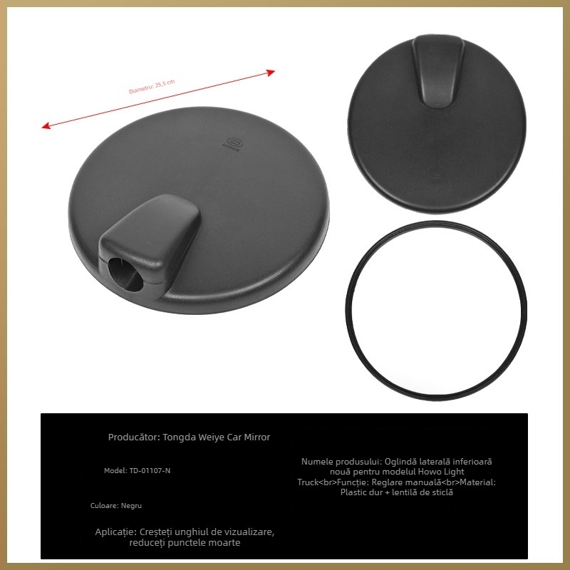 TD-01107 Oglindă exterioară pentru camion, oglindă plată, carcasă din plastic dur, sticlă din plastic dur + lentilă din sticlă