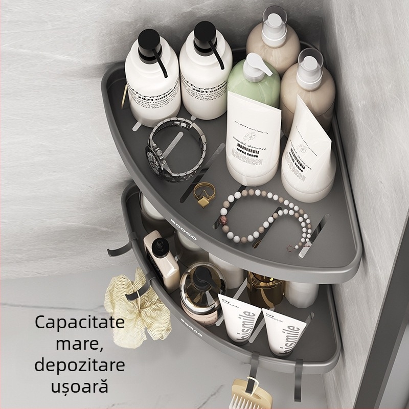 Raft triunghiular de baie montat pe perete – suprafață lustruită, material Space aluminiu, încărcare 1–5 kg, un singur nivel, stil modern minimalist