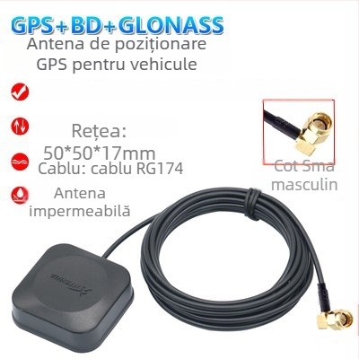 Antenă de navigație pentru vehicul Beidou/GPS/GLONASS cu trei moduri, externă, activă, înalt câștig — model XLS-BDGPS-3, Xinlisheng; câștig 35 dB; bandă 1575.42/1561/1602 MHz; impedanță 50 Ω
