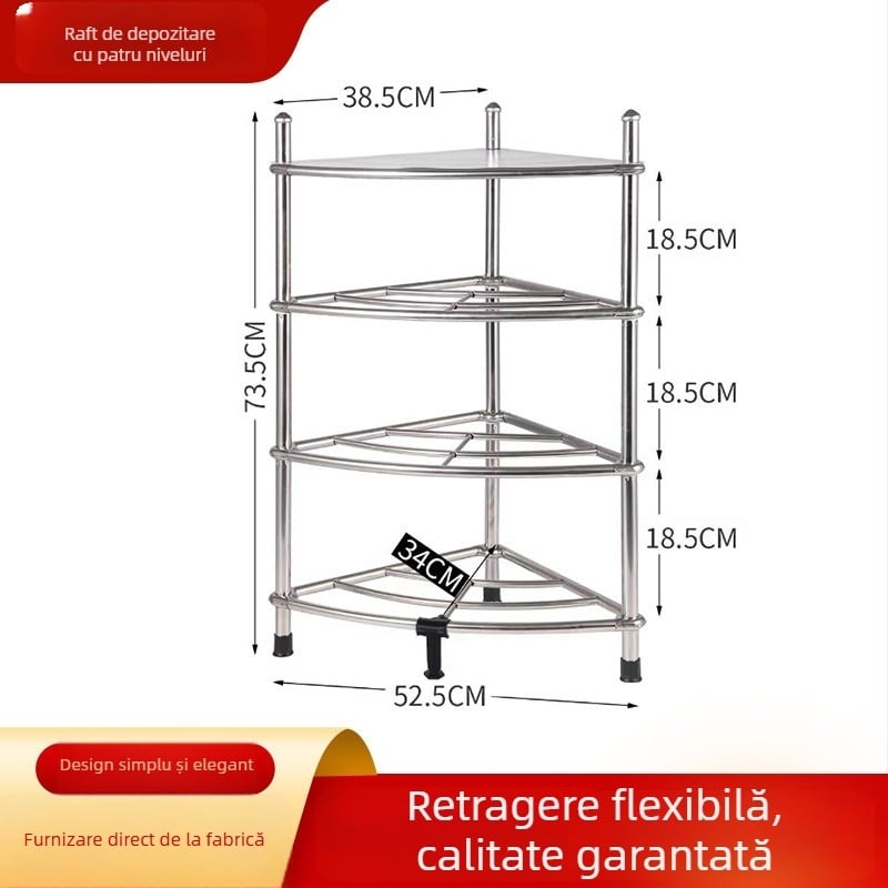 Raft de colț din oțel inoxidabil pentru baie și bucătărie, montaj fără găuri, 4 niveluri, stil modern