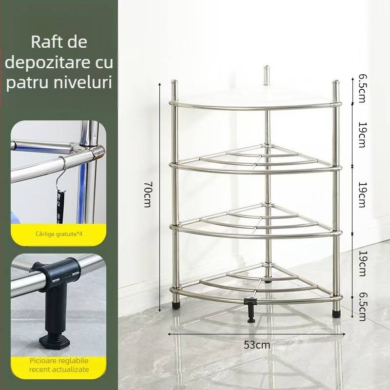 Raft de colț din oțel inoxidabil pentru baie și bucătărie, montaj fără găuri, 4 niveluri, stil modern