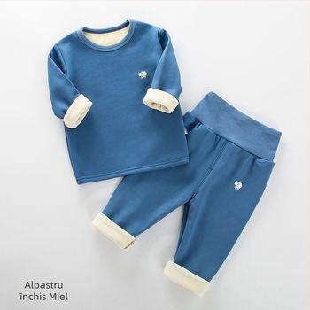 Set termic pentru copii iarnă, cu căptușeală de fleece, material Milk Silk, talie înaltă pentru protecția abdomenului, guler rotund