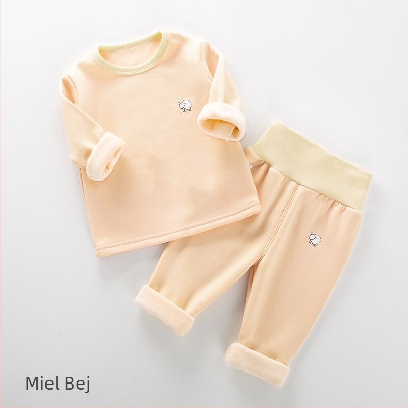 Set termic pentru copii iarnă, cu căptușeală de fleece, material Milk Silk, talie înaltă pentru protecția abdomenului, guler rotund