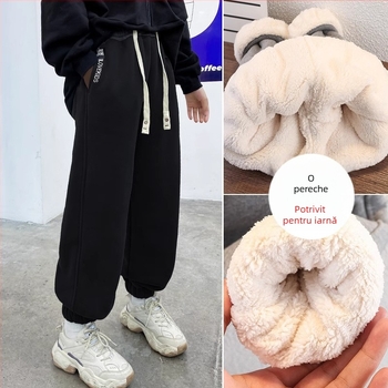 Pantaloni pentru copii cu căptușeală de fleece, groși pentru iarnă, talie înaltă, 95% poliester, țesătură moale