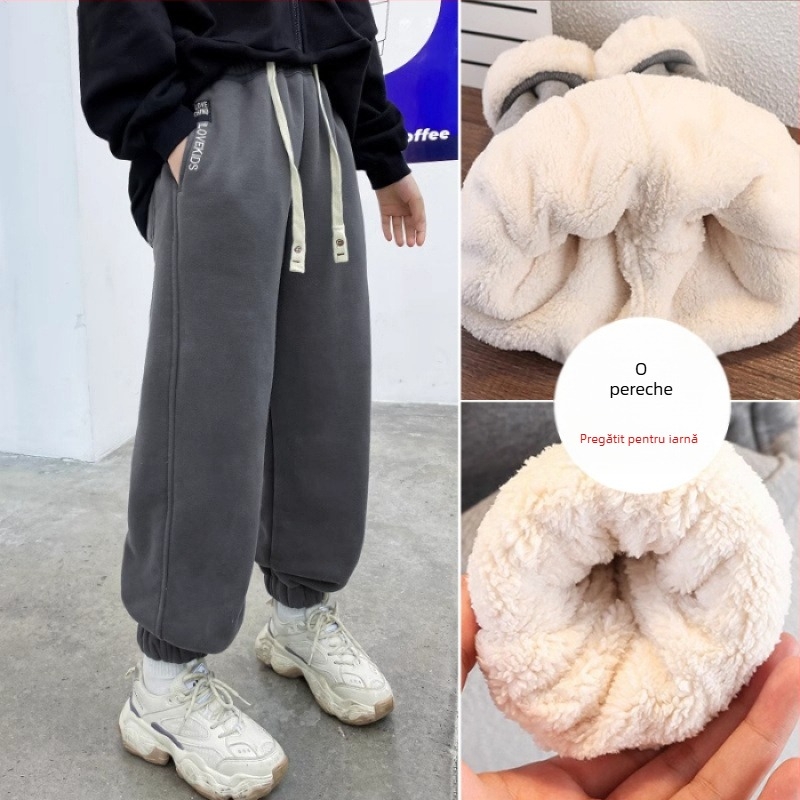 Pantaloni pentru copii cu căptușeală de fleece, groși pentru iarnă, talie înaltă, 95% poliester, țesătură moale