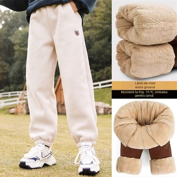 Pantaloni sport pentru copii, iarnă, cu căptușeală fleece, talie medie, imprimeu Cartoon, 95% poliester, țesătură moale