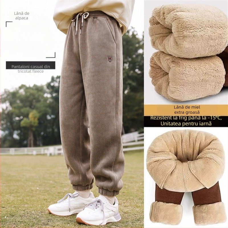 Pantaloni sport pentru copii, iarnă, cu căptușeală fleece, talie medie, imprimeu Cartoon, 95% poliester, țesătură moale
