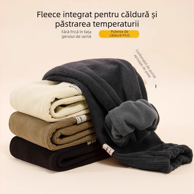 Pantaloni pentru băieți din corduroy cu căptușeală fleece, talie medie cu elastic, 95% poliester, iarnă, pentru vârsta 8+