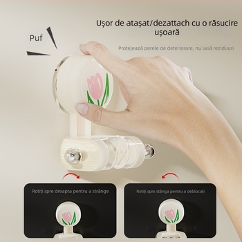 Suport de duș montat pe perete din ABS, cu ventuză în formă de lalea, bază reglabilă, fără găuri