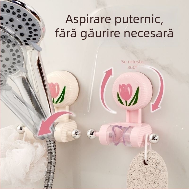 Suport de duș montat pe perete din ABS, cu ventuză în formă de lalea, bază reglabilă, fără găuri