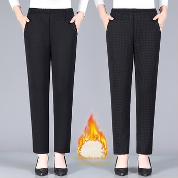 Pantaloni pentru femei în vârstă, cu căptușeală fleece, talie înaltă, croială lejeră drept, țesătură poliester