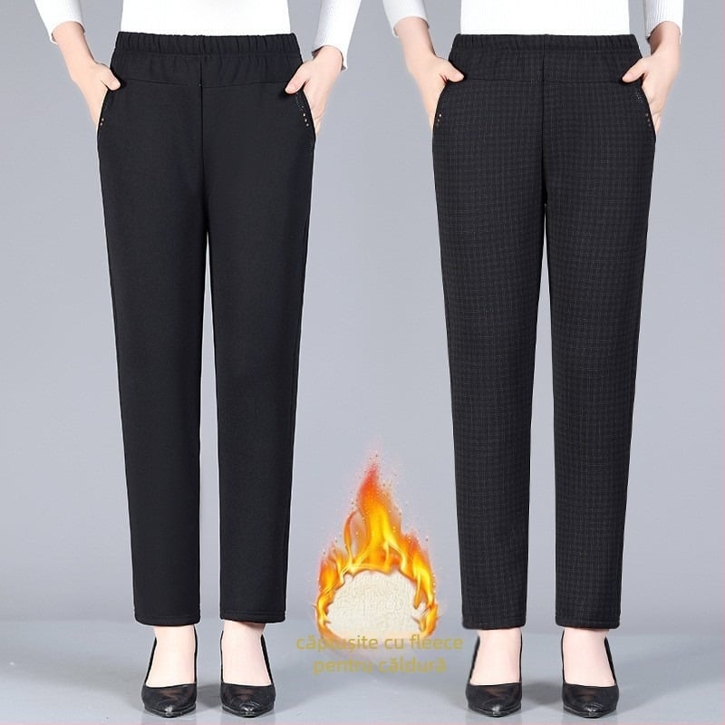 Pantaloni pentru femei în vârstă, cu căptușeală fleece, talie înaltă, croială lejeră drept, țesătură poliester