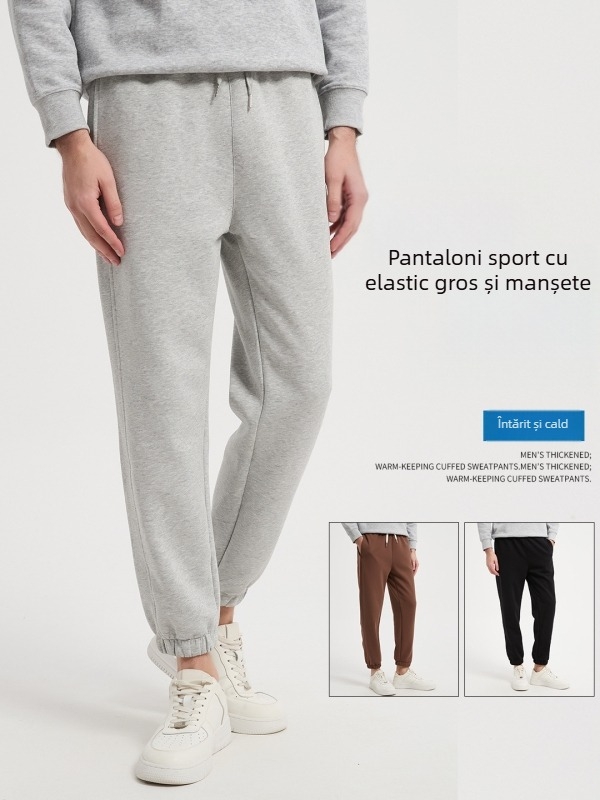 Pantaloni trening din bumbac grei, talie medie, croială dreaptă, cu talie medie, țesătură groasă pentru iarnă