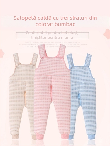 Pantaloni de pijama pentru bebeluți cu căptușeală fleece, quilted, deschidere la crac, talie înaltă, toamnă-iarnă, încălzire în trei straturi, 89.5% bumbac