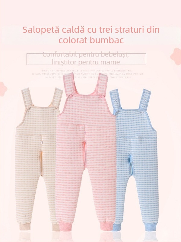 Pantaloni de pijama pentru bebeluți cu căptușeală fleece, quilted, deschidere la crac, talie înaltă, toamnă-iarnă, încălzire în trei straturi, 89.5% bumbac