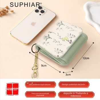 Portcard cu breloc - PU, model cu flori, ultra-ușor pentru femei, Suphiar