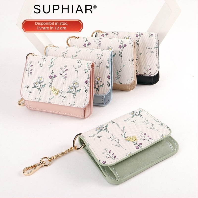 Portcard cu breloc - PU, model cu flori, ultra-ușor pentru femei, Suphiar