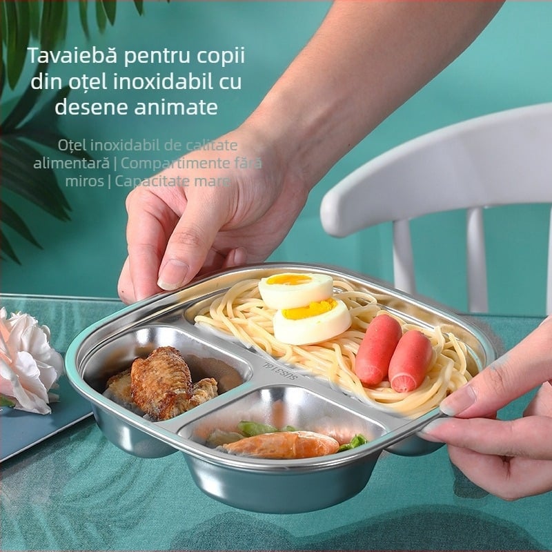 Farfurie pentru copii din oțel inoxidabil 316, divizată, pătrată, compatibilă cu microunde, finisaj electroplatinat