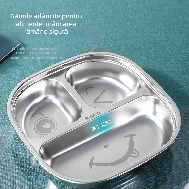 Farfurie pentru copii din oțel inoxidabil 316, divizată, pătrată, compatibilă cu microunde, finisaj electroplatinat