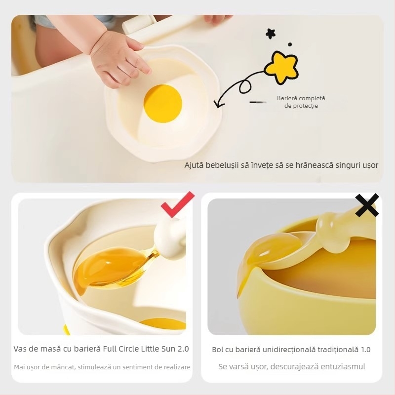Vas de masă pentru bebeluși din silicon cu ventuză, silicon alimentar, compatibil cu microunde, formă rotundă, încurajează alimentația independentă