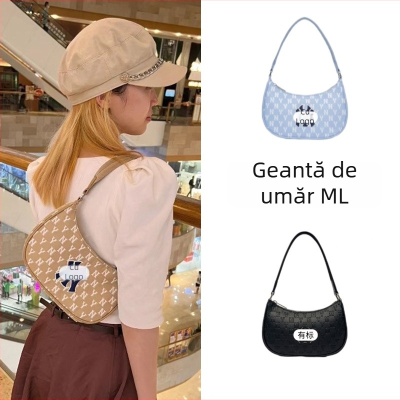 Geantă de umăr din pânză, formă rotundă, fermoar, buzunar pentru ID, compartiment interior