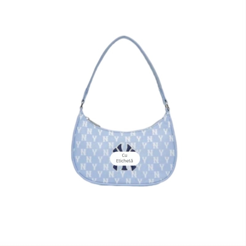 Geantă de umăr din pânză, formă rotundă, fermoar, buzunar pentru ID, compartiment interior