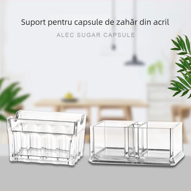 Suport acrilic dreptunghiular pentru pliculețe de zahăr și ceai, compartiment pentru scobitori și carduri de vizită, PMMA, Kinder, Calitate Primă, Stil Modern.