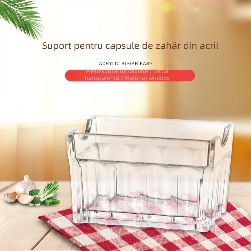 Suport acrilic dreptunghiular pentru pliculețe de zahăr și ceai, compartiment pentru scobitori și carduri de vizită, PMMA, Kinder, Calitate Primă, Stil Modern.