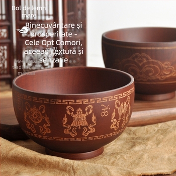 Bol de lemn - rotund, cu modelul Opt Comori Norocoase, stil etnic retro.