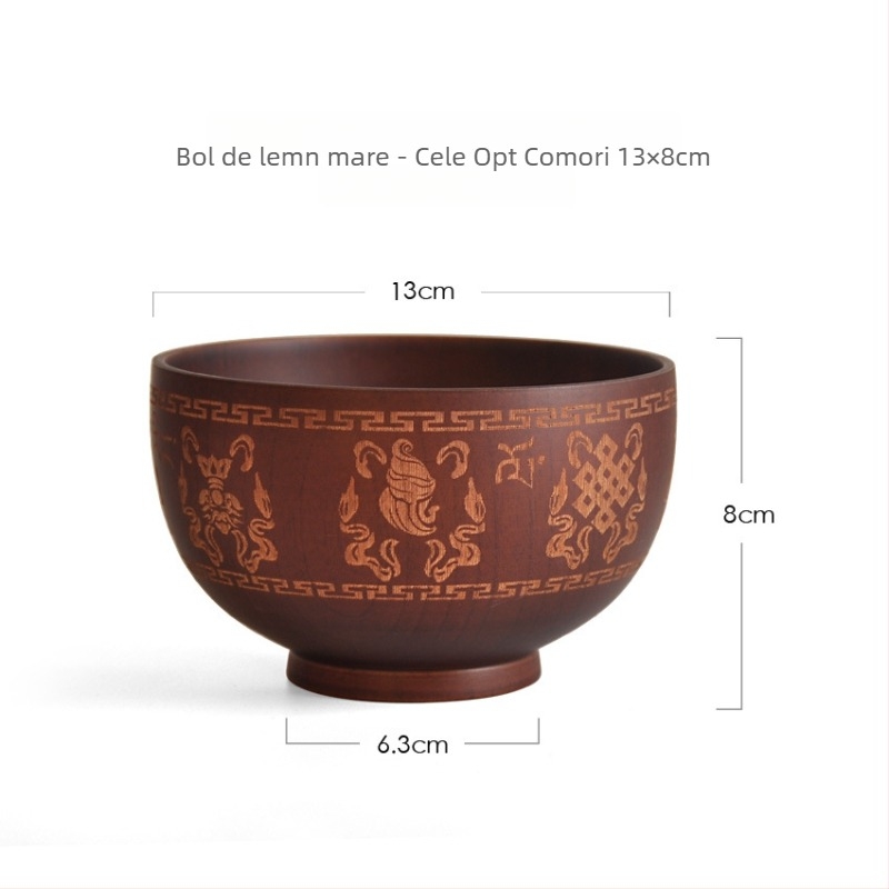 Bol de lemn - rotund, cu modelul Opt Comori Norocoase, stil etnic retro.