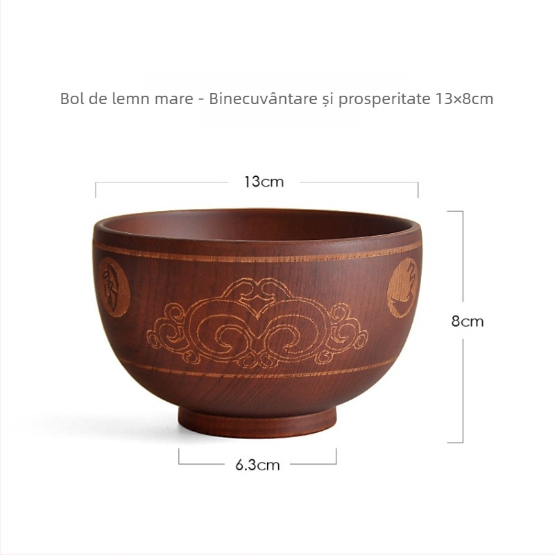 Bol de lemn - rotund, cu modelul Opt Comori Norocoase, stil etnic retro.