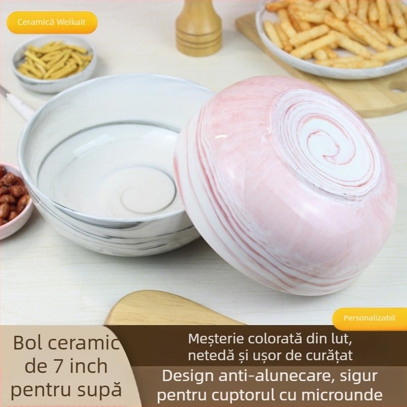 Vas din porțelan, stil nordic cu dungi, rotund, compatibil cu microundele, pentru supe, salate și deserturi