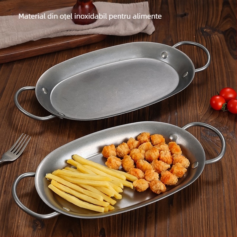 Farfurie ovală din oțel inoxidabil – suprafață sablată, stil retro lux ușor, sigură pentru microunde