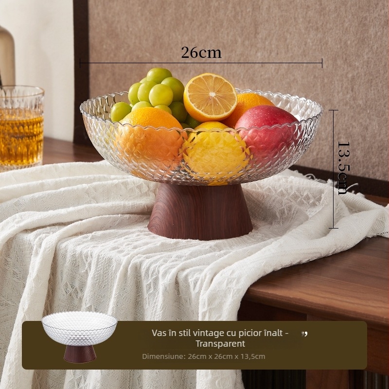 Platou pentru fructe din plastic, aspect lemn, bază înaltă, tavă de drenaj, stil medieval, Choice