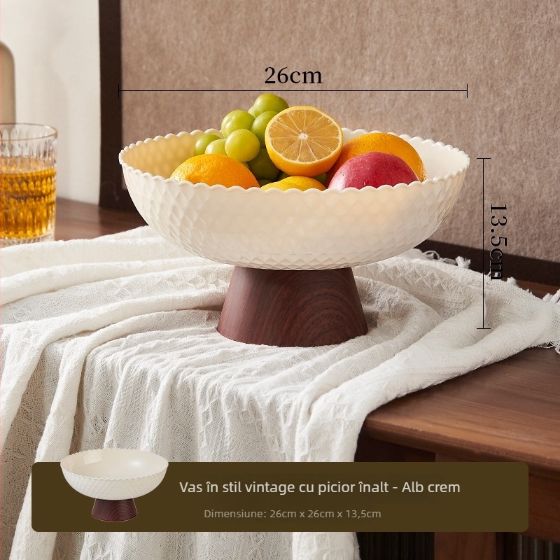 Platou pentru fructe din plastic, aspect lemn, bază înaltă, tavă de drenaj, stil medieval, Choice