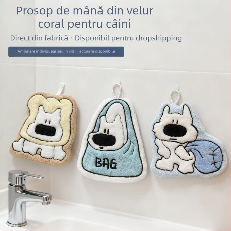 Prosop de mână cu motif cu cățeluș drăguț, fleece coral, absorbent și îngroșat, 150D, 30–50 g