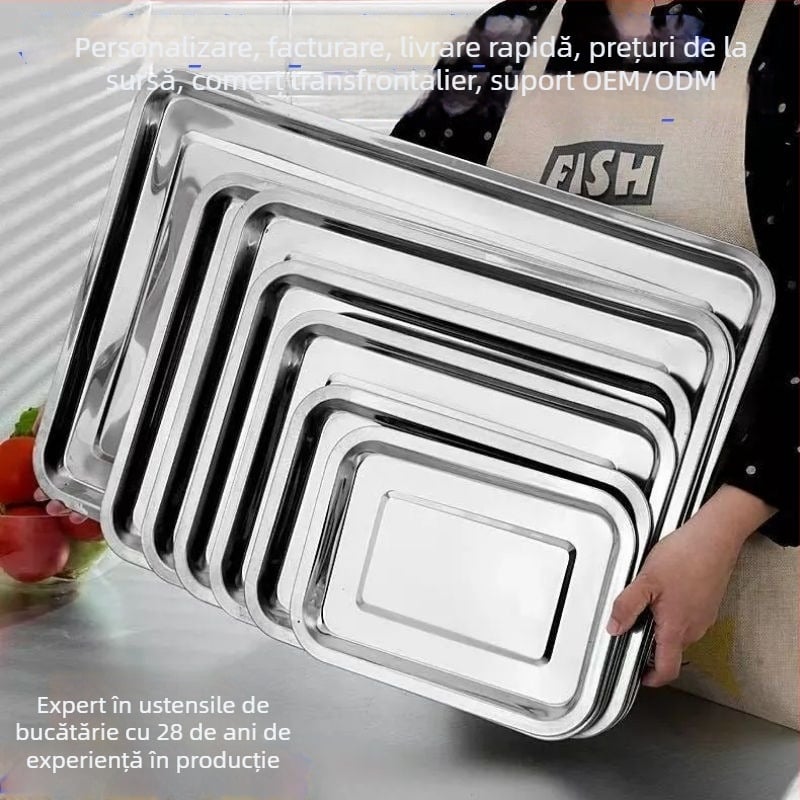 Tavă pătrată din oțel inoxidabil, cu design îngroșat, pentru servire și gătit, utilizare casnică și comercială, multifuncțională