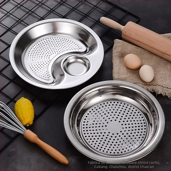Farfurie pentru gyoza din oțel inoxidabil, cu tavă de scurgere și recipient pentru oțet, rotundă, suprafață lustruită, set cadou modern minimalist