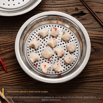 Farfurie pentru gyoza din oțel inoxidabil, cu tavă de scurgere și recipient pentru oțet, rotundă, suprafață lustruită, set cadou modern minimalist