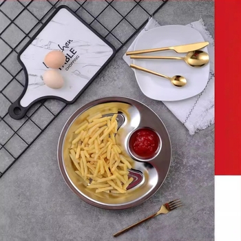Farfurie pentru gyoza din oțel inoxidabil, cu tavă de scurgere și recipient pentru oțet, rotundă, suprafață lustruită, set cadou modern minimalist