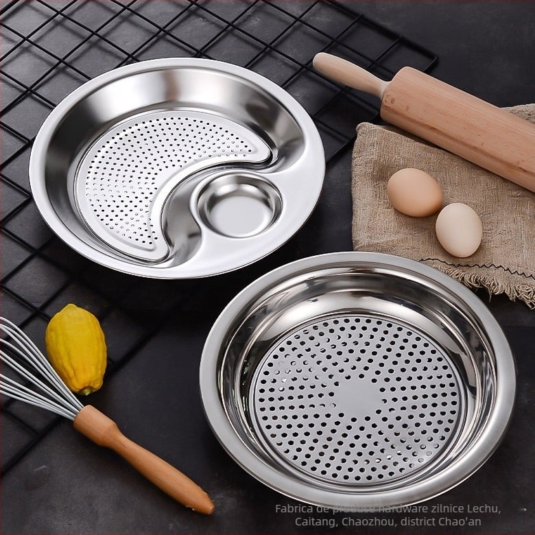 Farfurie pentru gyoza din oțel inoxidabil, cu tavă de scurgere și recipient pentru oțet, rotundă, suprafață lustruită, set cadou modern minimalist