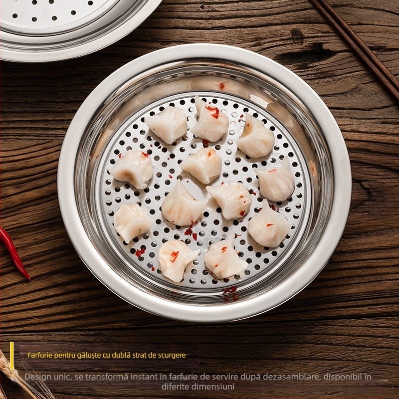 Farfurie pentru gyoza din oțel inoxidabil, cu tavă de scurgere și recipient pentru oțet, rotundă, suprafață lustruită, set cadou modern minimalist