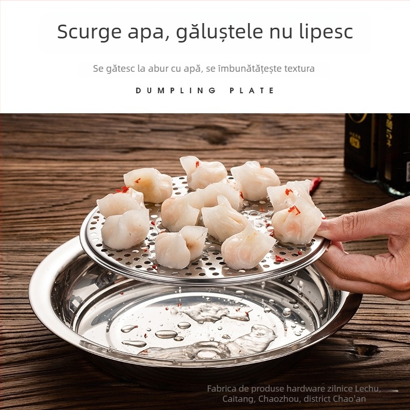 Farfurie pentru gyoza din oțel inoxidabil, cu tavă de scurgere și recipient pentru oțet, rotundă, suprafață lustruită, set cadou modern minimalist