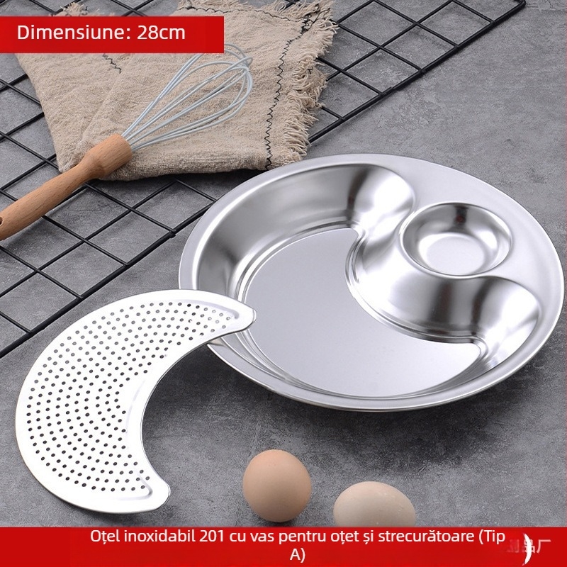 Farfurie pentru gyoza din oțel inoxidabil, cu tavă de scurgere și recipient pentru oțet, rotundă, suprafață lustruită, set cadou modern minimalist