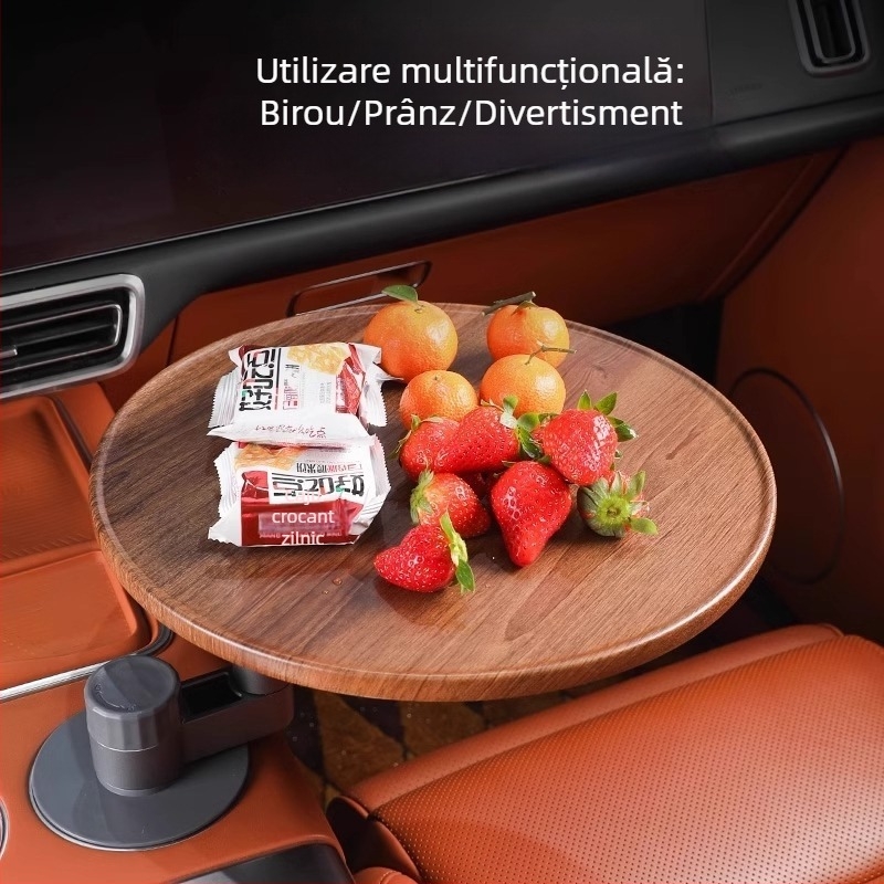 Tavă auto din lemn, formă rotundă, stil modern minimalist, tavă pentru ceai/gustări cu suport pentru pahar