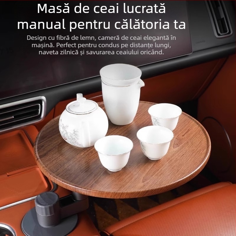 Tavă auto din lemn, formă rotundă, stil modern minimalist, tavă pentru ceai/gustări cu suport pentru pahar