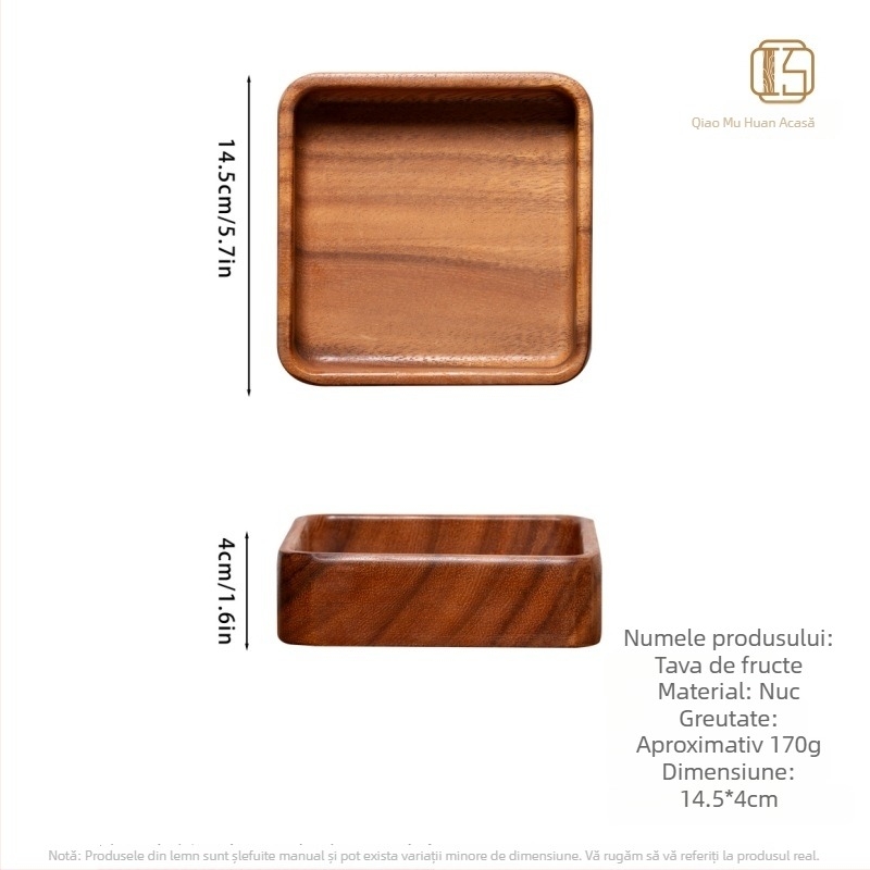 Farfurie din lemn de nuc, rotundă, pentru fructe și gustări, suprafață pictată manual, stil modern minimalist, imprimare logo disponibil, personalizare