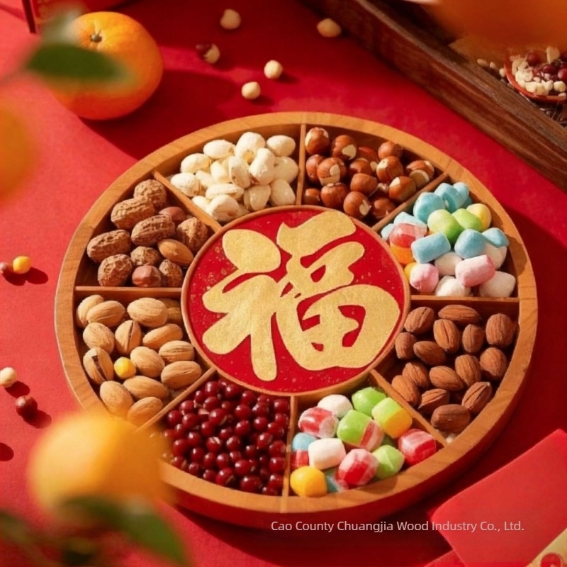 Tava circulară din lemn pentru fructe cu compartimente în grilă | Lemn solid | Stil modern minimalist | Create good