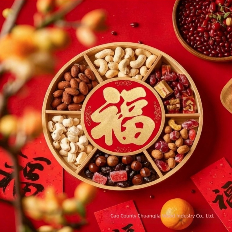 Tava circulară din lemn pentru fructe cu compartimente în grilă | Lemn solid | Stil modern minimalist | Create good