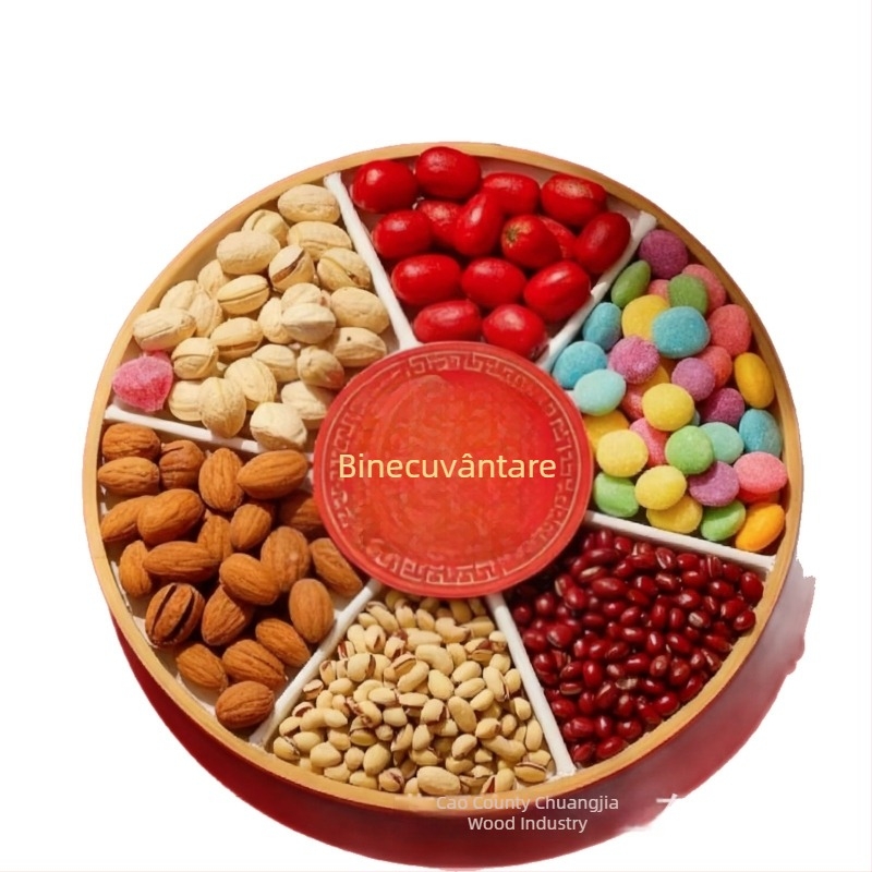 Tava circulară din lemn pentru fructe cu compartimente în grilă | Lemn solid | Stil modern minimalist | Create good